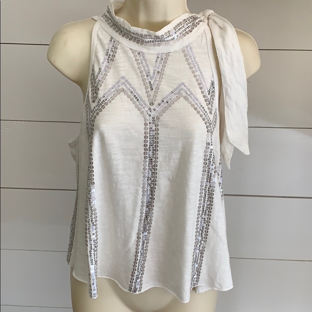 Free People White Sequin Top High Neck Tie sz M